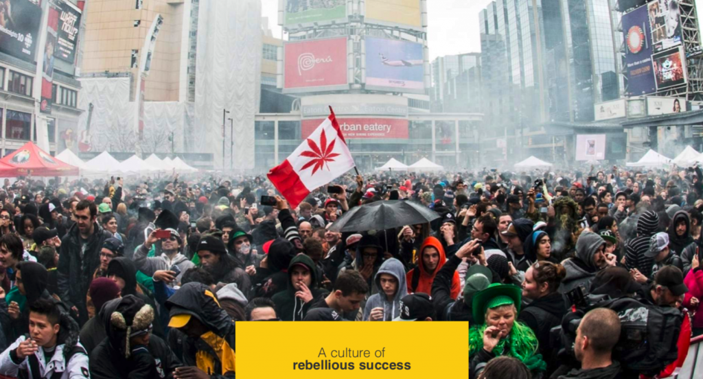 Crowd outdoors in downtown Toronto with cannabis flag