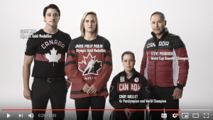 Athletes Scott Moir, Marie-Philip Poulin, Cindy Ouellet and Steve Podborski in Canadian team uniforms